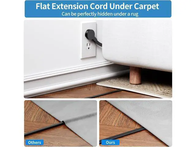 Alt view image 2 of 7 - Flat Extension Cord 10 ft, NTONPOWER Ultra Thin Flat Plug Power Strip with 4 USB Ports & 3 Outlets, Wall Mountable, Desktop Power Strip, Compact for Home Office, Travel, Dorm Room Essentials, Black