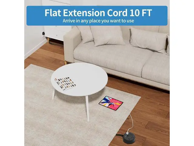 Alt view image 3 of 7 - Flat Extension Cord 10 ft, NTONPOWER Ultra Thin Flat Plug Power Strip with 4 USB Ports & 3 Outlets, Wall Mountable, Desktop Power Strip, Compact for Home Office, Travel, Dorm Room Essentials, Black