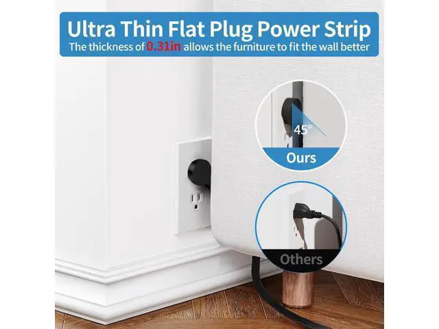 Alt view image 4 of 7 - Flat Extension Cord 10 ft, NTONPOWER Ultra Thin Flat Plug Power Strip with 4 USB Ports & 3 Outlets, Wall Mountable, Desktop Power Strip, Compact for Home Office, Travel, Dorm Room Essentials, Black