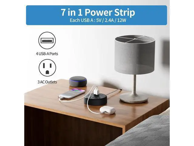 Alt view image 5 of 7 - Flat Extension Cord 10 ft, NTONPOWER Ultra Thin Flat Plug Power Strip with 4 USB Ports & 3 Outlets, Wall Mountable, Desktop Power Strip, Compact for Home Office, Travel, Dorm Room Essentials, Black