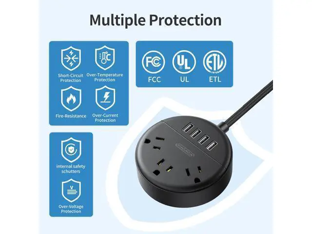 Alt view image 7 of 7 - Flat Extension Cord 10 ft, NTONPOWER Ultra Thin Flat Plug Power Strip with 4 USB Ports & 3 Outlets, Wall Mountable, Desktop Power Strip, Compact for Home Office, Travel, Dorm Room Essentials, Black