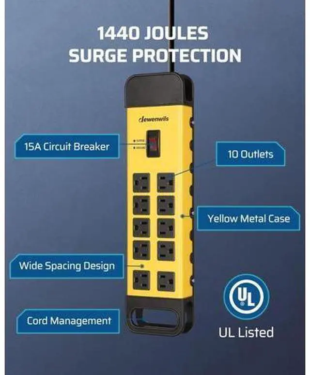 Alt view image 2 of 7 - DEWENWILS 10-Outlet Metal Surge Protector Power Strip, UL Listed, 6Ft Cord Flat Plug, 15A Circuit Breaker, 14AWG 1440Joules, Heavy Duty Industrial Power Strip for Garage Workshop, Wall Mountable