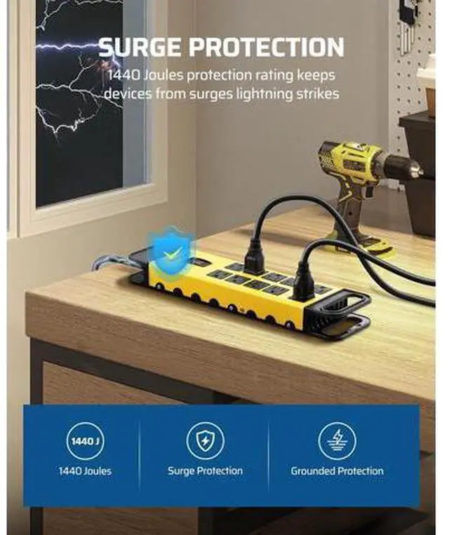 Alt view image 3 of 7 - DEWENWILS 10-Outlet Metal Surge Protector Power Strip, UL Listed, 6Ft Cord Flat Plug, 15A Circuit Breaker, 14AWG 1440Joules, Heavy Duty Industrial Power Strip for Garage Workshop, Wall Mountable
