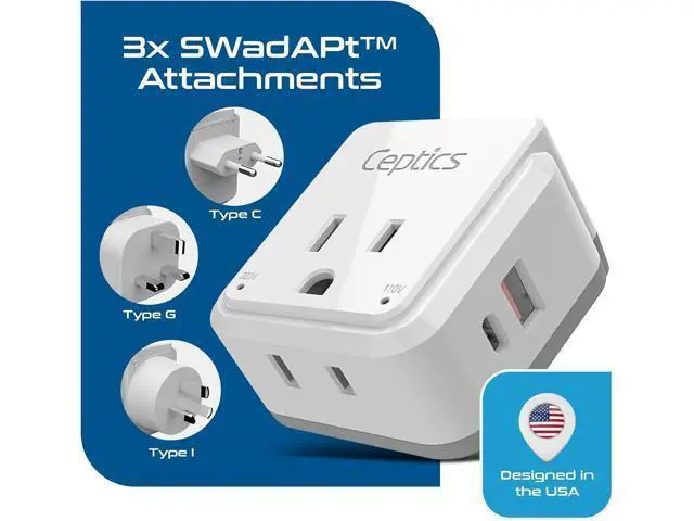 Alt view image 4 of 7 - Ceptics China, Malaysia Power Adapter Travel Set, 20W PD & QC, Safe Dual USB & USB-C 3.1A2 USA Outlet - Compact-Use in Hong Kong, Kuwait, Singapore, Iraq - Includes Type G, I, C SWadAPt Attachments