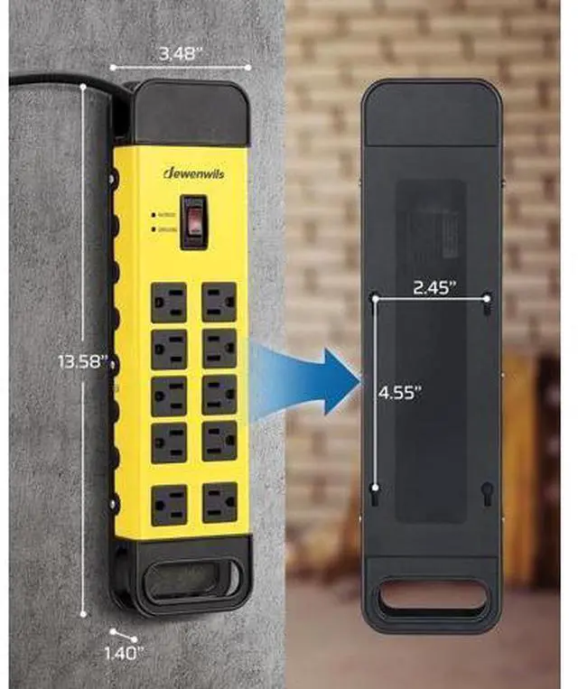 Alt view image 7 of 7 - DEWENWILS 10-Outlet Metal Surge Protector Power Strip, UL Listed, 6Ft Cord Flat Plug, 15A Circuit Breaker, 14AWG 1440Joules, Heavy Duty Industrial Power Strip for Garage Workshop, Wall Mountable