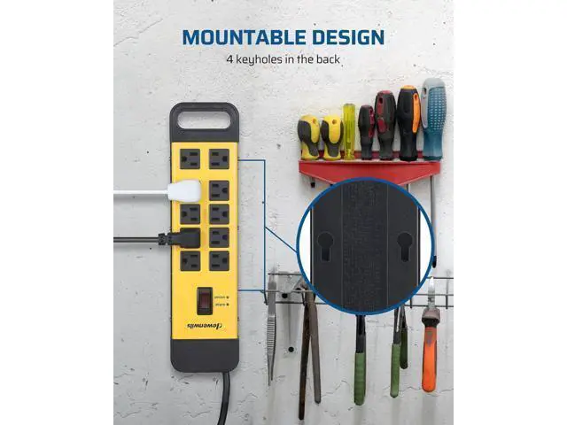 Alt view image 6 of 7 - DEWENWILS 10-Outlet Metal Surge Protector Power Strip, UL Listed, 6Ft Cord Flat Plug, 15A Circuit Breaker, 14AWG 1440Joules, Heavy Duty Industrial Power Strip for Garage Workshop, Wall Mountable
