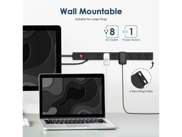 Alt view image 2 of 7 - Metal 8 Outlet Mountable Power Strip with Switch,Wide Spaced Heavy Duty Wall Mount Power Strip Surge Protector 1200J,6FT 14AWG Braided Cord 15A 125V 1875W for Home Office Industrial Garage Commercial