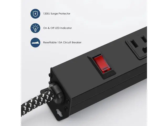 Alt view image 4 of 7 - Metal 8 Outlet Mountable Power Strip with Switch,Wide Spaced Heavy Duty Wall Mount Power Strip Surge Protector 1200J,6FT 14AWG Braided Cord 15A 125V 1875W for Home Office Industrial Garage Commercial