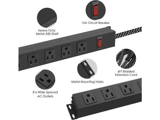 Alt view image 7 of 7 - Metal 8 Outlet Mountable Power Strip with Switch,Wide Spaced Heavy Duty Wall Mount Power Strip Surge Protector 1200J,6FT 14AWG Braided Cord 15A 125V 1875W for Home Office Industrial Garage Commercial