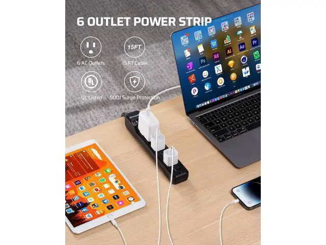 Alt view image 2 of 7 - DEWENWILS 6-Outlet Power Strip Surge Protector, 15FT Long Extension Cord, Low Profile Flat Plug, 15 Amp Circuit Breaker, 500 Joules, Wall Mount, Black, UL Listed
