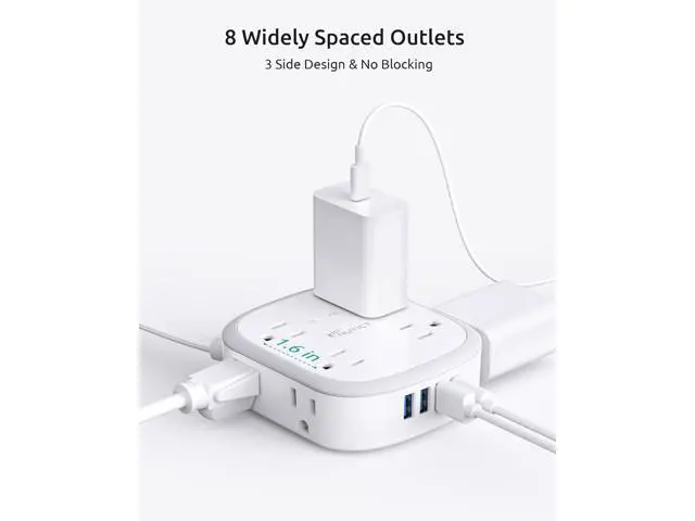Alt view image 2 of 7 - Surge Protector Power Strip Flat Plug, 5ft Ultra Thin Flat Plug Extension Cord, 8 Widely-Spaced Outlets & 4 USB (1 USB C), Wall Mountable, 1440J, Compact for Home Office Travel Dorm Room Essentials