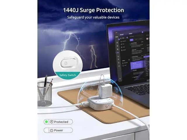 Alt view image 5 of 7 - Surge Protector Power Strip Flat Plug, 5ft Ultra Thin Flat Plug Extension Cord, 8 Widely-Spaced Outlets & 4 USB (1 USB C), Wall Mountable, 1440J, Compact for Home Office Travel Dorm Room Essentials