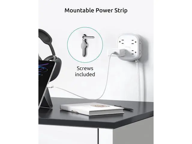 Alt view image 7 of 7 - Surge Protector Power Strip Flat Plug, 5ft Ultra Thin Flat Plug Extension Cord, 8 Widely-Spaced Outlets & 4 USB (1 USB C), Wall Mountable, 1440J, Compact for Home Office Travel Dorm Room Essentials