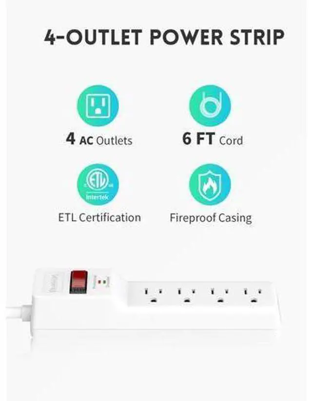 Alt view image 2 of 7 - Power Strip Surge Protector 6FT, 6 Outlets, 980 Joules, Flat Plug Extension Cord with Multiple Outlets, ETL Listed, 14AWG Heavy Duty, Wall Mountable for Home Office Garage, White