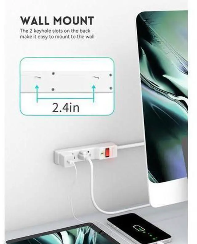 Alt view image 6 of 7 - Power Strip Surge Protector 6FT, 6 Outlets, 980 Joules, Flat Plug Extension Cord with Multiple Outlets, ETL Listed, 14AWG Heavy Duty, Wall Mountable for Home Office Garage, White