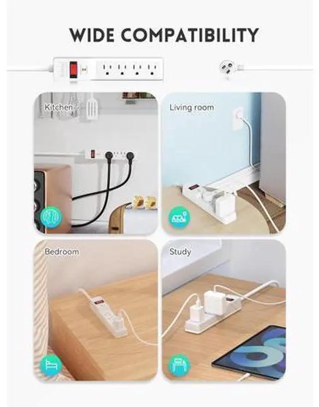 Alt view image 7 of 7 - Power Strip Surge Protector 6FT, 6 Outlets, 980 Joules, Flat Plug Extension Cord with Multiple Outlets, ETL Listed, 14AWG Heavy Duty, Wall Mountable for Home Office Garage, White