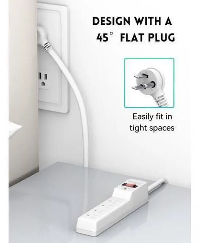 Alt view image 5 of 7 - Power Strip Surge Protector 6FT, 6 Outlets, 980 Joules, Flat Plug Extension Cord with Multiple Outlets, ETL Listed, 14AWG Heavy Duty, Wall Mountable for Home Office Garage, White