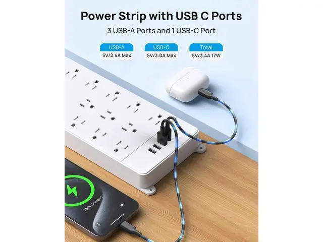 Alt view image 6 of 7 - TROND Power Strip Surge Protector - White Extension Cord with USB Ports, 13 Widely-Spaced Outlets Expansion, 5ft, Flat Plug, Under Desk, Wall Mount, Heavy Duty, 4000 Joules, Office, Home, ETL Listed