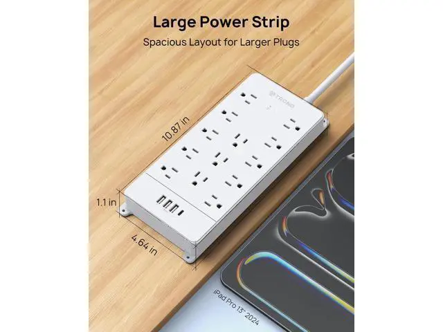 Alt view image 7 of 7 - TROND Power Strip Surge Protector - White Extension Cord with USB Ports, 13 Widely-Spaced Outlets Expansion, 5ft, Flat Plug, Under Desk, Wall Mount, Heavy Duty, 4000 Joules, Office, Home, ETL Listed