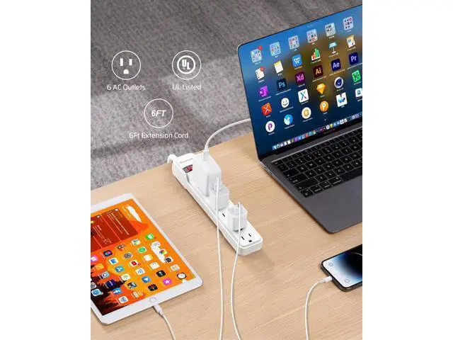 Alt view image 2 of 7 - DEWENWILS 2-Pack 6-Outlet Power Strip Surge Protector with 6Ft Long Extension Cord, Low Profile Flat Plug, 15 Amp Circuit Breaker, 500 Joules, Wall Mount, White, UL Listed