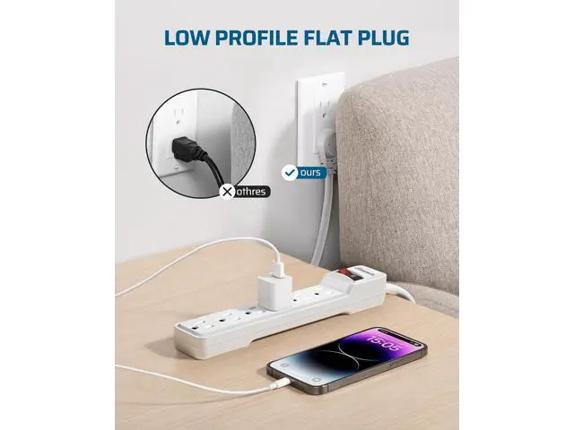 Alt view image 5 of 7 - DEWENWILS 2-Pack 6-Outlet Power Strip Surge Protector with 6Ft Long Extension Cord, Low Profile Flat Plug, 15 Amp Circuit Breaker, 500 Joules, Wall Mount, White, UL Listed