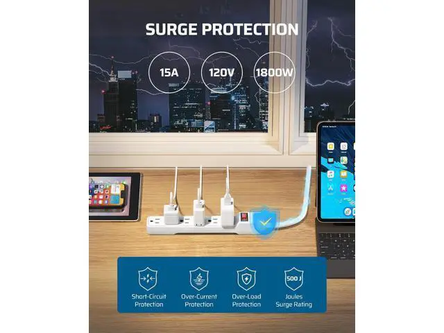 Alt view image 4 of 7 - DEWENWILS 2-Pack 6-Outlet Power Strip Surge Protector with 6Ft Long Extension Cord, Low Profile Flat Plug, 15 Amp Circuit Breaker, 500 Joules, Wall Mount, White, UL Listed