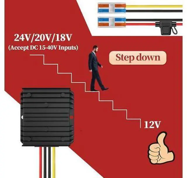 Alt view image 2 of 7 - 24VDC to 12VDC Converter 15A 180W, 18V to 12V with Fuse, Waterproof and Wire Terminal Block, for Cart LED Light Truck Vehicle Boat Solar System (Accepts DC 15-40V Inputs)