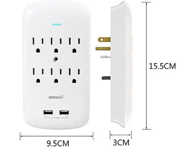 Alt view image 2 of 7 - Oviitech 6 Outlet Surge Protector,900 Joules Wall Adapter Tap with 2 USB Charger, Dual 3.1A USB Ports, 3-Prong Wall Mount Outlet Plugs,ETL Listed,White