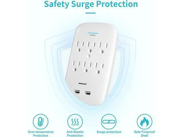 Alt view image 3 of 7 - Oviitech 6 Outlet Surge Protector,900 Joules Wall Adapter Tap with 2 USB Charger, Dual 3.1A USB Ports, 3-Prong Wall Mount Outlet Plugs,ETL Listed,White