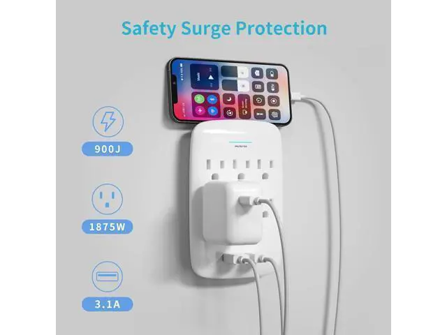 Alt view image 4 of 7 - Oviitech 6 Outlet Surge Protector,900 Joules Wall Adapter Tap with 2 USB Charger, Dual 3.1A USB Ports, 3-Prong Wall Mount Outlet Plugs,ETL Listed,White