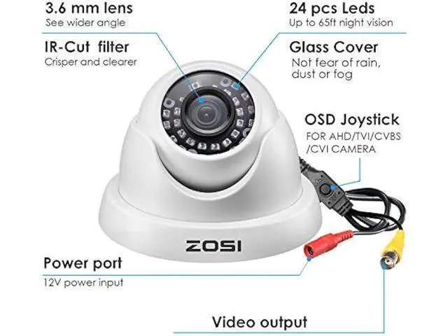 Alt view image 2 of 6 - ZOSI 1080P FULL HD 4-in-1 TVI/CVI/AHD/CVBS Security Camera 1920TVL Outdoor Indoor Day Night Surveillance CCTV Dome Camera for HD-TVI, AHD, CVI, and CVBS/960H Analog DVR System(White)