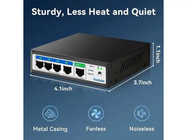Alt view image 6 of 7 - Poe Switch , 5 Port (4 Port Poe Switch + 1 Uplink Port), Ethernet Unmanaged Switch 802.3af/at PoE 100Mbps, 52W for All PoE Ports, AI Extended to 250m, Ideal for IP Camera and Access Point