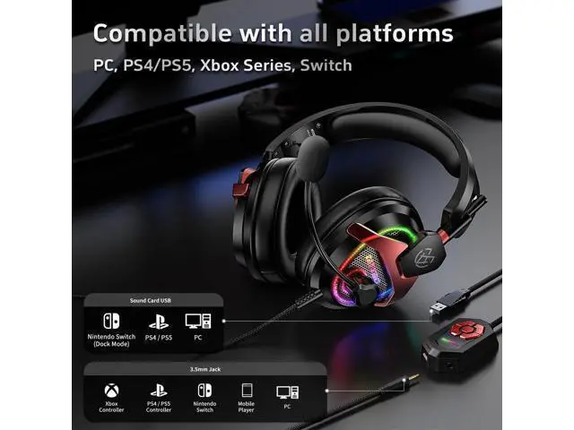 Alt view image 6 of 7 - PC Gaming Headset with Mic for PS5 PS4 Xbox, USB Headset with 7.1 Surround Sound, Wired 3.5mm Headphones, RGB