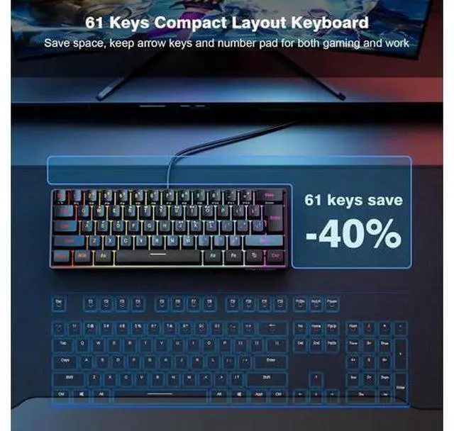 Alt view image 3 of 7 - Snpurdiri 60% Wired Gaming Keyboard, RGB Backlit Ultra-Compact Mini Keyboard, Waterproof Small Compact 61 Keys Keyboard for PC/Mac Gamer, Typist, Travel, Easy to Carry on Business Trip(Black)
