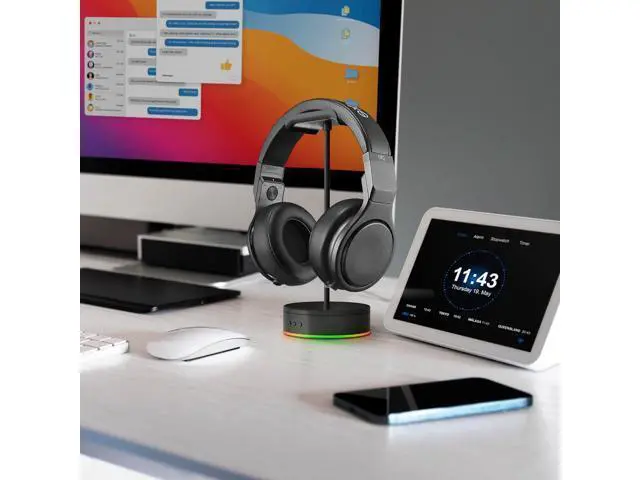 Alt view image 4 of 5 - Rotating Headphone Display Stand for Desk with LED Lights - Spinning Gaming Headset Stand (Black)