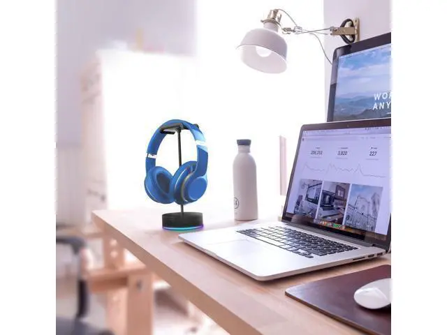 Alt view image 5 of 5 - Rotating Headphone Display Stand for Desk with LED Lights - Spinning Gaming Headset Stand (Black)