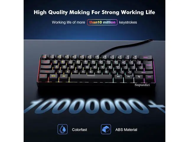 Alt view image 4 of 7 - Snpurdiri 60% Wired Gaming Keyboard, RGB Backlit Ultra-Compact Mini Keyboard, Waterproof Small Compact 61 Keys Keyboard for PC/Mac Gamer, Typist, Travel, Easy to Carry on Business Trip(Black)