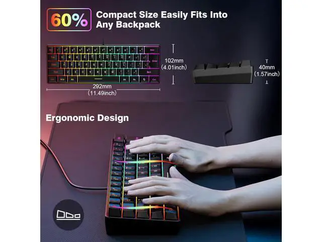 Alt view image 5 of 7 - Snpurdiri 60% Wired Gaming Keyboard, RGB Backlit Ultra-Compact Mini Keyboard, Waterproof Small Compact 61 Keys Keyboard for PC/Mac Gamer, Typist, Travel, Easy to Carry on Business Trip(Black)