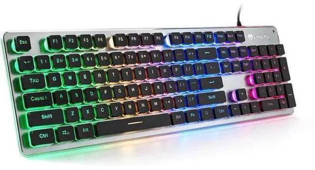 Main image of LANGTU Membrane Gaming Keyboard, Colorful LED Backlit Quiet Keyboard for Study, All-Metal Panel USB Wired 25 Keys Anti-ghosting Computer Keyboard 104 Keys - L1 Black/Silver
