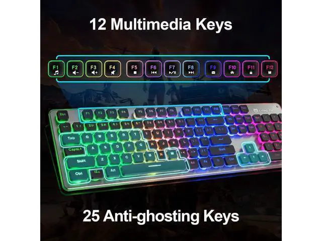Alt view image 6 of 7 - LANGTU Membrane Gaming Keyboard, Colorful LED Backlit Quiet Keyboard for Study, All-Metal Panel USB Wired 25 Keys Anti-ghosting Computer Keyboard 104 Keys - L1 Black/Silver