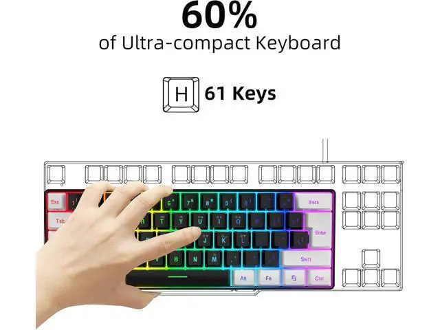 Alt view image 2 of 7 - Snpurdiri 60% Wired Gaming Keyboard, Small RGB Backlit Membrane Gaming Keyboard, Ultra-Compact Mini Waterproof Keyboard for PC Computer Gamer White and Black