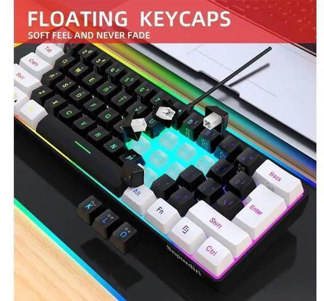 Alt view image 4 of 7 - Snpurdiri 60% Wired Gaming Keyboard, Small RGB Backlit Membrane Gaming Keyboard, Ultra-Compact Mini Waterproof Keyboard for PC Computer Gamer White and Black