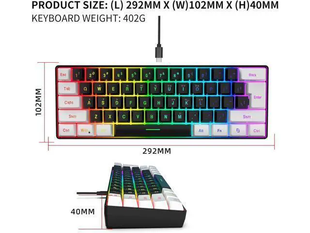 Alt view image 6 of 7 - Snpurdiri 60% Wired Gaming Keyboard, Small RGB Backlit Membrane Gaming Keyboard, Ultra-Compact Mini Waterproof Keyboard for PC Computer Gamer White and Black