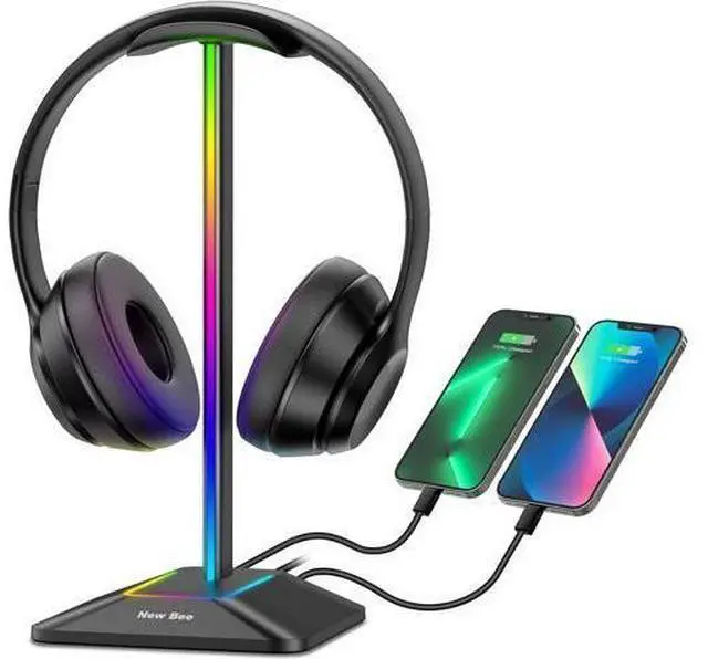 Main image of New bee RGB Headphone Stand with 1 USB-C Charging Port and 1 USB Charging Port, Desk Gaming Headset Stand with 7 Light Modes for All Earphone Accessories (Black)