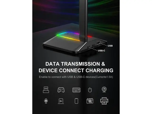 Alt view image 3 of 6 - New bee RGB Headphone Stand with 1 USB-C Charging Port and 1 USB Charging Port, Desk Gaming Headset Stand with 7 Light Modes for All Earphone Accessories (Black)
