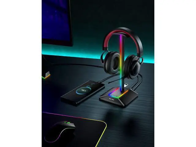 Alt view image 6 of 6 - New bee RGB Headphone Stand with 1 USB-C Charging Port and 1 USB Charging Port, Desk Gaming Headset Stand with 7 Light Modes for All Earphone Accessories (Black)