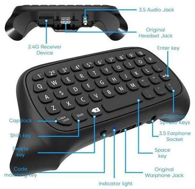 Alt view image 3 of 7 - FYOUNG Keyboard for Xbox Series X/S Controller, for Xbox One/S/Controller Gamepad, 2.4Ghz Mini QWERTY Keyboard Gaming Chatpad with Audio/Headset Jack for XSX (Black)