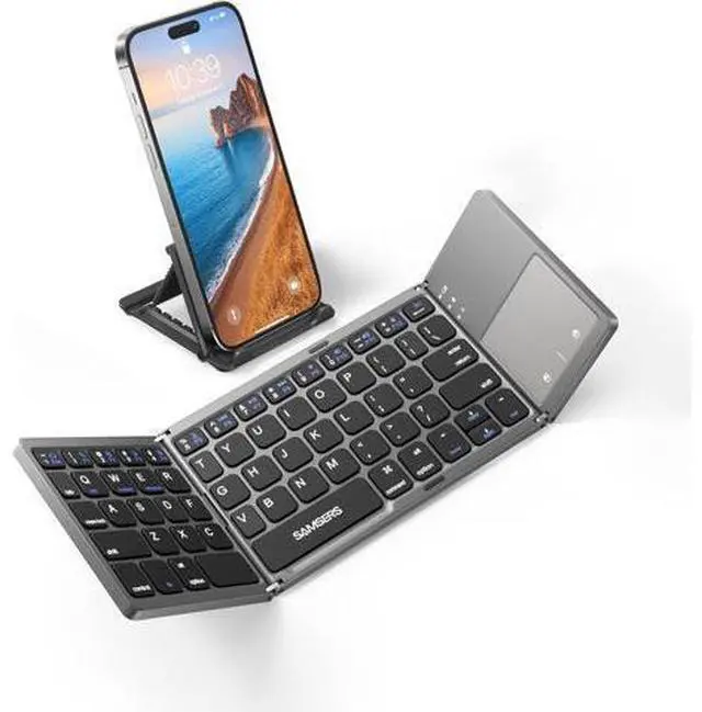 Main image of Samsers Foldable Bluetooth Keyboard with Touchpad Portable Wireless Keyboard with Stand Holder, Rechargeable Full Size Ultra Slim Pocket Folding Keyboard for Android Windows iOS Tablet & Laptop-Gray