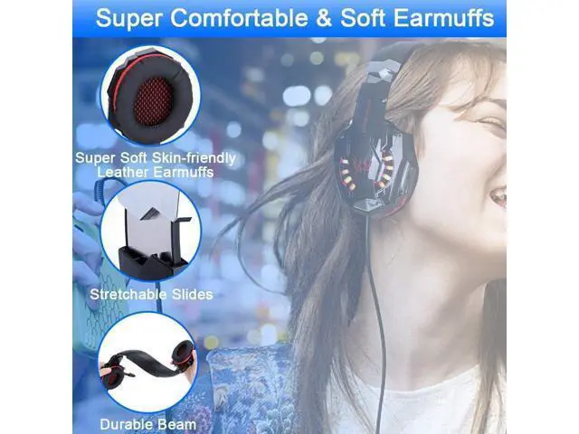 Alt view image 2 of 7 - Stereo Gaming Headset for PS4, PS5, PC, Xbox One, Noise Cancelling Over Ear Headphones with Mic, LED Light, Bass Surround, Soft Memory Earmuffs for Laptop Nintendo Switch (Black-Red)