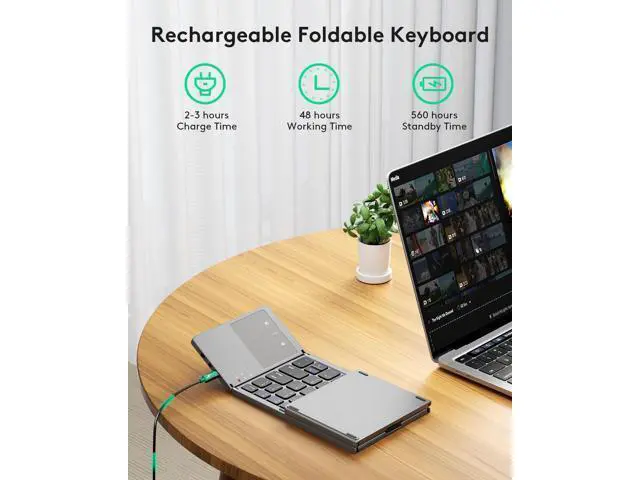 Alt view image 4 of 7 - Samsers Foldable Bluetooth Keyboard with Touchpad Portable Wireless Keyboard with Stand Holder, Rechargeable Full Size Ultra Slim Pocket Folding Keyboard for Android Windows iOS Tablet & Laptop-Gray